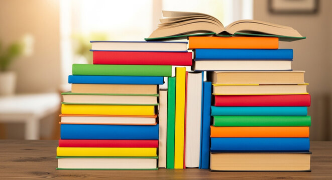 Colorful books stacked on a wooden table for reading education and library concept back to school theme