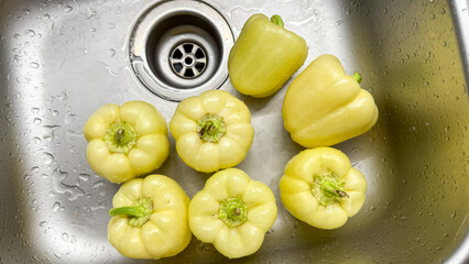 Raindrops dance on waxen yellow peppers in a metallic basin, evoking Veganuary grocer charm and Hygge coziness; April 5, 2025, Barcelona, Spain