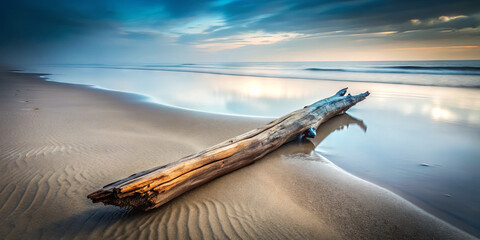 A large piece of driftwood is placed on the sandy beach, reflecting the colors of the sunset. Gentle waves softly lap at the shore, creating a peaceful atmosphere as clouds drift overhead