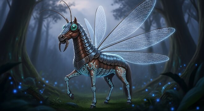 Enigmatic biomechanical creature, a winged horse-fly hybrid, wanders through a luminous nocturnal forest