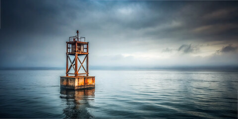 A weathered lighthouse rises from still water, surrounded by a misty atmosphere at twilight. Tranquil waves gently lap against its base, creating a peaceful scene