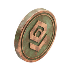 A weathered copper coin with an abstract geometric symbol, isolated on transparent background