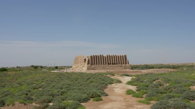 Wide shot of Great Kyz Kala fortress in ancient Merv, Turkmenistan historical site