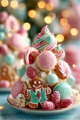 Festive Dessert Tree with Gingerbread, Macarons, and Candy Ornaments. Christmas or New Year concept