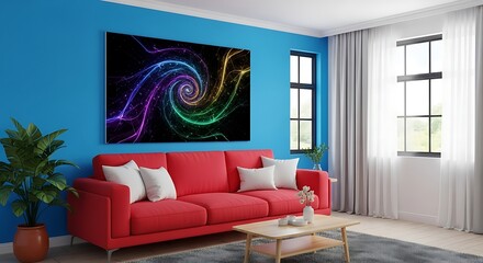 Vibrant Living Room With Abstract Art and Red Sofa.