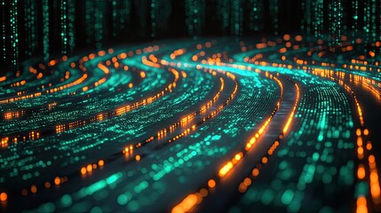 Abstract visualization of digital data flow with vibrant neon light streams