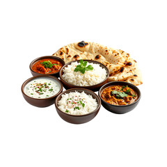 Indian curry set with naan bread, basmati rice, and dipping sauces, photorealistic