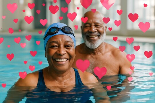 Joyful senior african american couple swimming in a pool surrounded by floating red hearts representing love and affection - Powered by Adobe