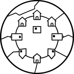 one line linear design of ancient tribal circle village illustration on transparent background