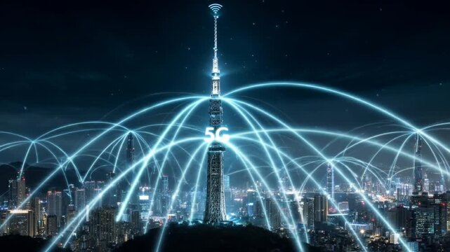 Cityscape with 5 g tower and network connections at night