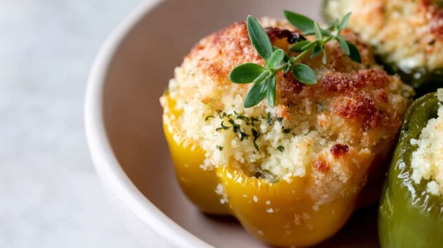Golden, herb-crusted stuffed peppers bask in savory elegance, evoking cozy autumnal harvest feasts and vibrant Mediterranean festivals