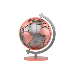 A rose gold and silver globe on a stand, isolated on transparent background