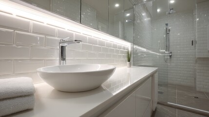 Modern, minimalist bathroom with white subway tile, a sleek vessel sink, and a glass-enclosed shower.  Integrated lighting highlights the clean lines and bright space