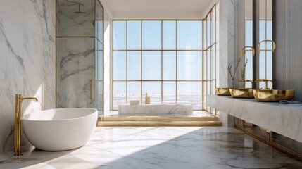 Fototapeta premium Luxury bathroom featuring marble, gold accents, large window, and sleek design