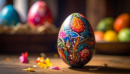 Intricately decorated Easter egg with vibrant floral patterns in bold colors standing upright on wooden surface with blurred festive background for editorial holiday photography cultural art and seaso