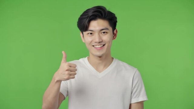 Junger Mann zeigt Daumen hoch auf gr&uuml;nem Hintergrund &ndash; Chroma Key, isoliert