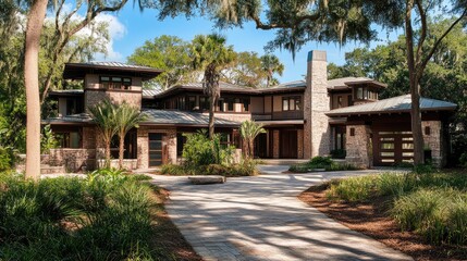 Fototapeta premium Luxury Craftsman Style Home in Tropical Setting