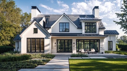 Modern Farmhouse Exterior Design: White Walls, Black Windows, Metal Roof