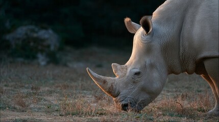 Silent rhino grazing at dusk, embodying Earth Day's call for conservation, World Rhino Day's reverent serenity
