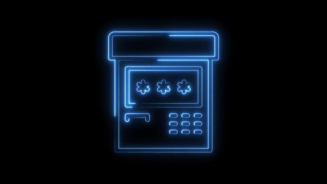 Glowing neon outline of a security safe with keypad on black background