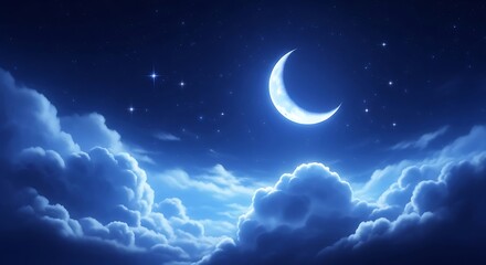 Fototapeta premium A dreamy and fantastical skyscape featuring a luminous crescent moon amidst soft, glowing clouds and a starry blue night sky