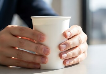 Human hands hold white paper cup in natural daylight, a moment of refreshment and anticipation