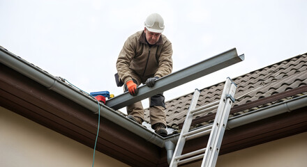 Professional Gutter Worker Installing New Rain Gutter System on a House Roof