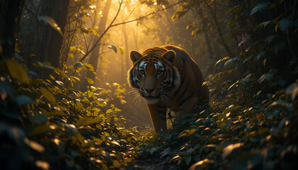 Tiger walking through a sunlit forest with dense foliage and golden light