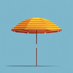 Obraz premium A bright yellow and orange striped beach umbrella casting a shadow on a blue backdrop