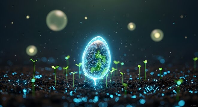 Glowing digital circuit egg surrounded by small plant seedlings in the soil. Concept of biotechnology, genetic engineering, and the origin of life supported by future technology and science
