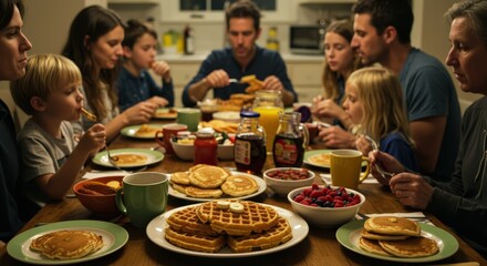 A busy family breakfast table on a weekend morning, with a platter of waffles in the center, syrup bottles, and everyone digging in.