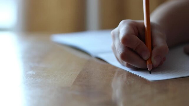 a child writes with a pencil and solves math examples in a checkered notebook. primary school education