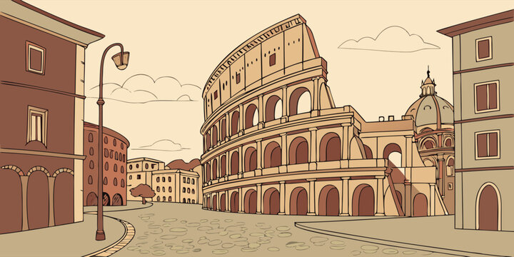 Detailed flat vector illustration of the Colosseum in Rome, surrounded by old European architecture, warm earthy tones, simple sky with soft gradients, cultural and historical mood, perfect for educat
