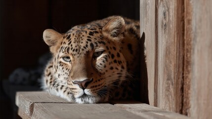Serene leopard lounging on sunlit wooden ledge, embodying feline introspection, resonating with World Wildlife Day and International Cat Day