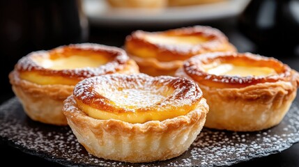 Creamy Custard Tarts with Crispy Pastry and Powdered Sugar on a Dark Plate in Elegant Presentation