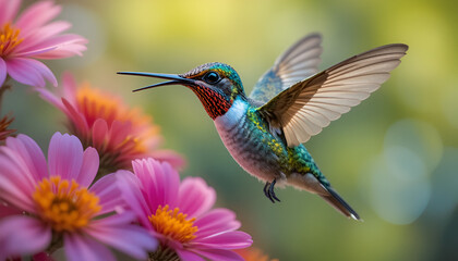 A colorful hummingbird sips nectar from vibrant pink zinnia flowers in bloom