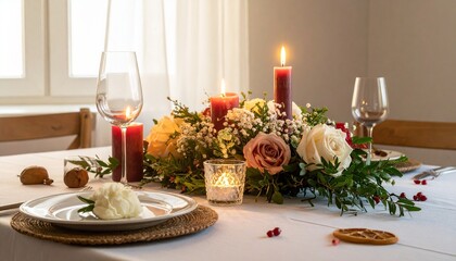 Elegant dining table set with floral centerpieces candles white tablecloth and formal place settings in sunlit room for editorial event photography wedding reception and celebratory dinner-themed visu