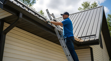 A Diligent Gutter Worker Cleaning Residential House Gutters with Debris, Performing Essential Home Maintenance.