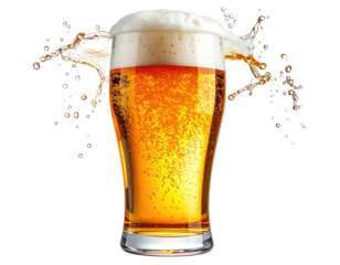 A tall glass of golden brew with overflowing frothy foam and a liquid splash