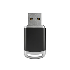 Black usb flash drive with silver accents isolated on transparent background