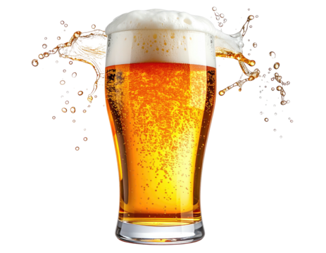 A tall glass of golden brew with overflowing frothy foam and a liquid splash
