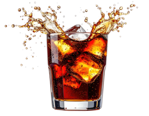 A drink with ice cubes causes a splash with drops against a transparent background