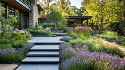 Fototapeta premium Modern Landscape Design: Stone Steps and Lavender Garden