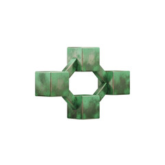Green metallic geometric structure with cubes and links, isolated on transparent background