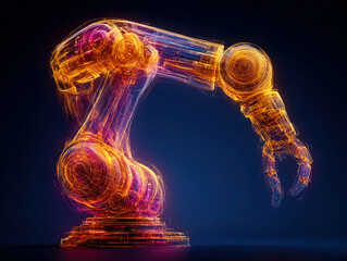 Futuristic mechanical arm, rendered as line, illustrating the concept of smart factories, with neon lights representing efficiency and advanced technology.