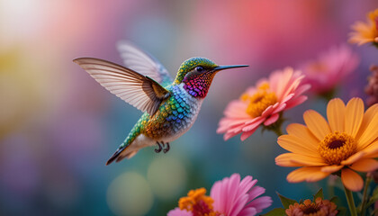 A colorful hummingbird hovers near vibrant flowers in a blurred background