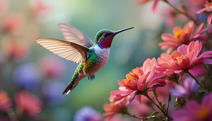 Naklejka premium A vibrant hummingbird gracefully hovers near a cluster of pink chrysanthemums