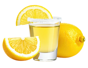 A shot of golden liquor, a lemon wedge, whole lemon, and sugared rim