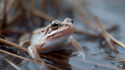 Obraz premium Lonely frog gazes on frosty swamp, embracing solitude of World Wetlands Day, amphibian symphony whispering in cold reeds