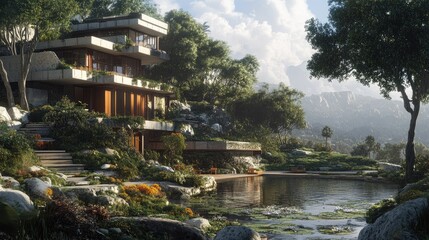 Fototapeta premium Modern House nestled in Lush Greenery with Mountain View